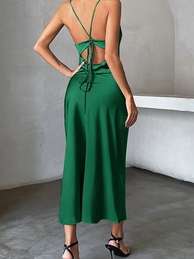 Green Silky Backless Strappy Dress