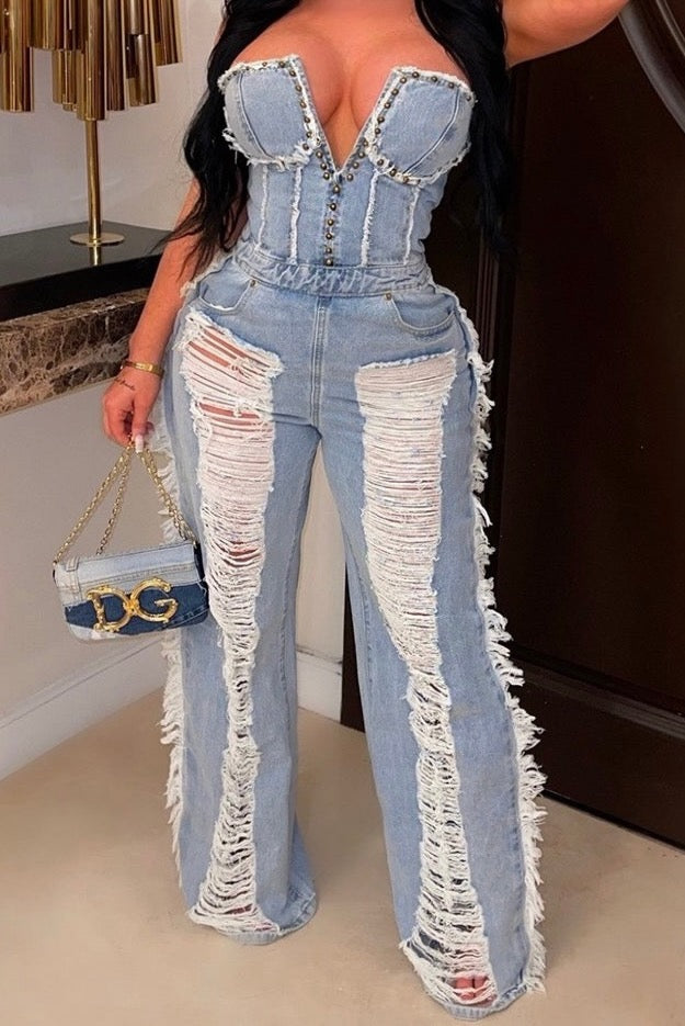 Strapless Low Cut Denim Jumpsuit