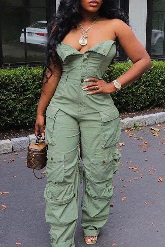 Green Denim Cargo Jumpsuit