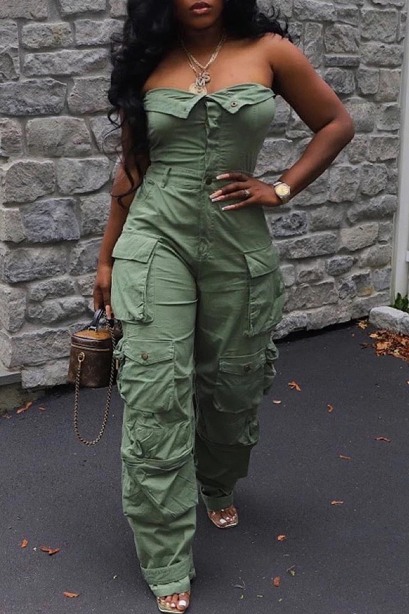 Green Denim Cargo Jumpsuit