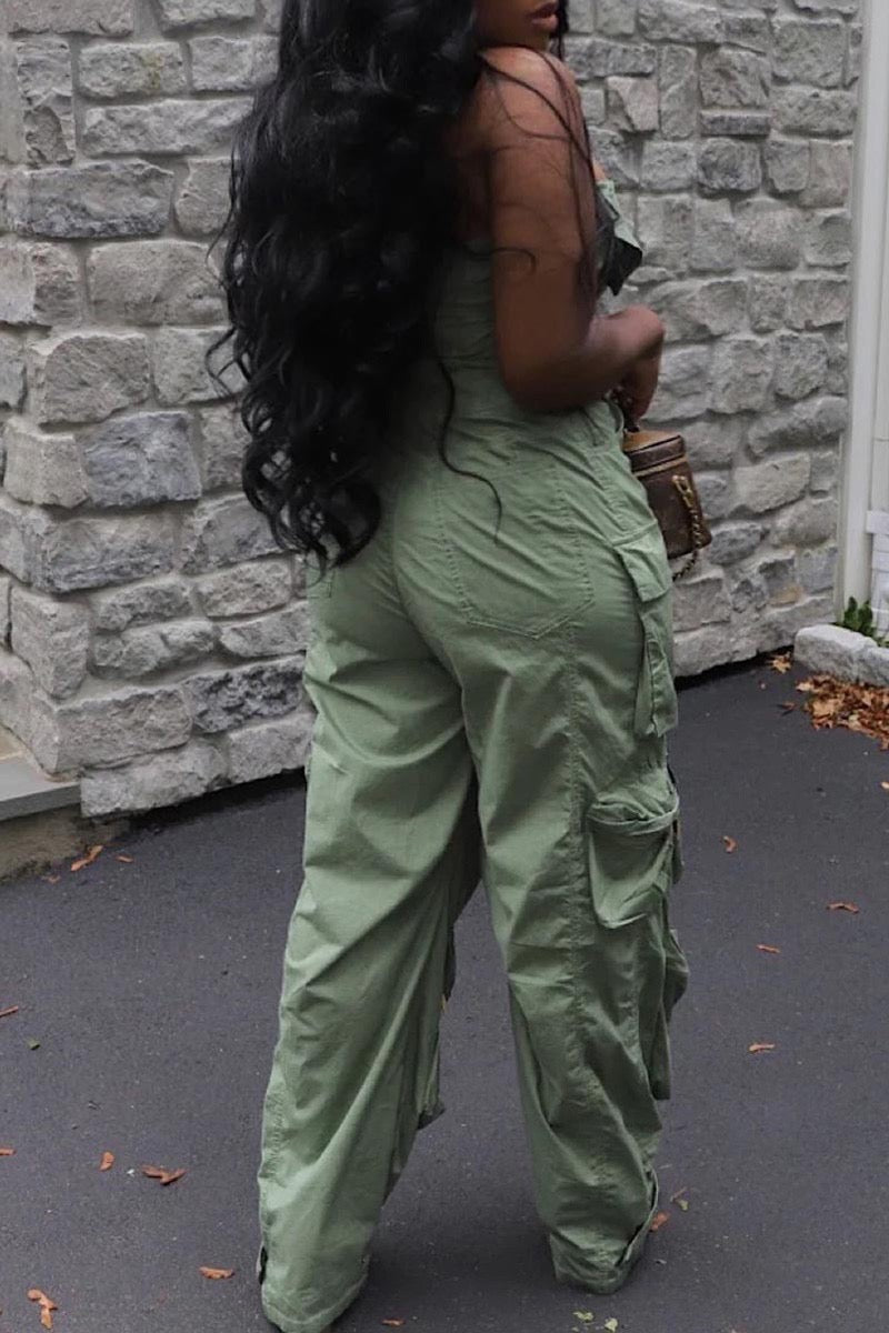 Green Denim Cargo Jumpsuit